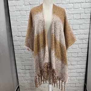 Natural Reflections Colorblock Fringe Open Front Kimono Wrap Shawl